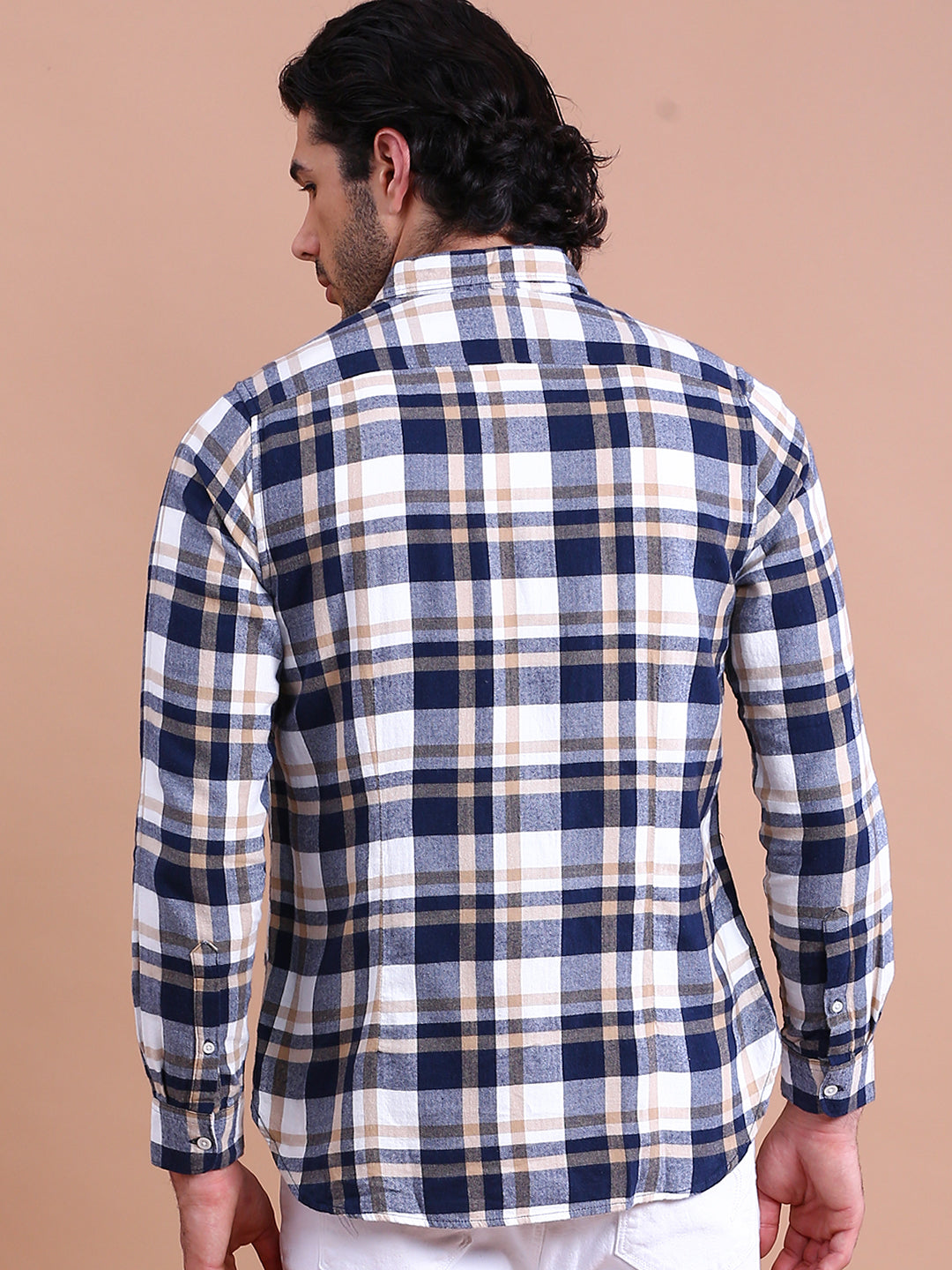 Men Blue & Grey Checks Slim Fit Cotton Casual Shirt