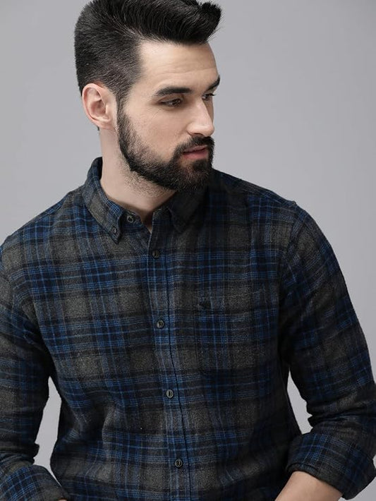 Men's Grey & Blue Checked Flannel Cotton Shirt