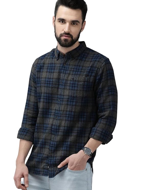 Men's Grey & Blue Checked Flannel Cotton Shirt