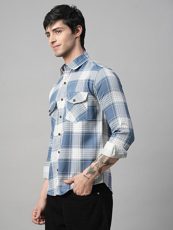 Men's Blue & White Checked Cotton Casual Shirt