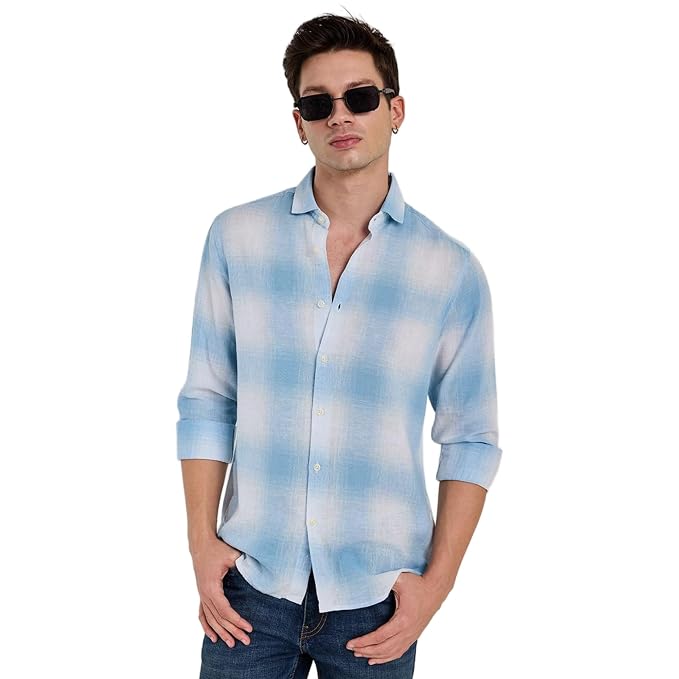 Light Blue Checks Full Sleeve Linen Shirts
