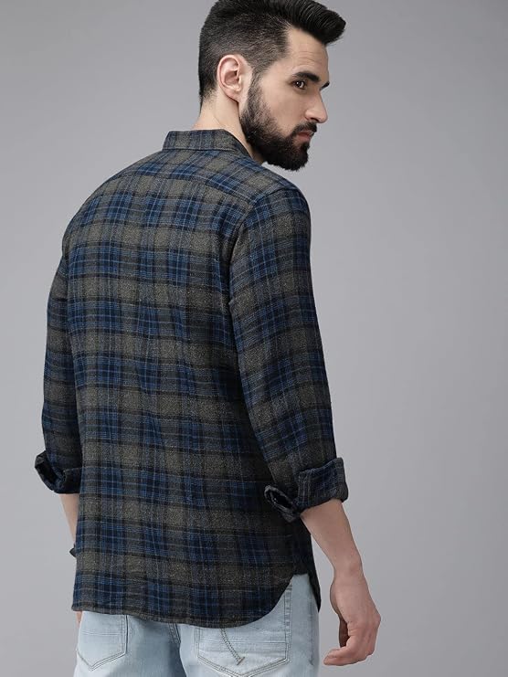 Men's Grey & Blue Checked Flannel Cotton Shirt
