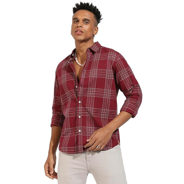 Men's Maroon Red Chalk Tartan Plaid Shirt