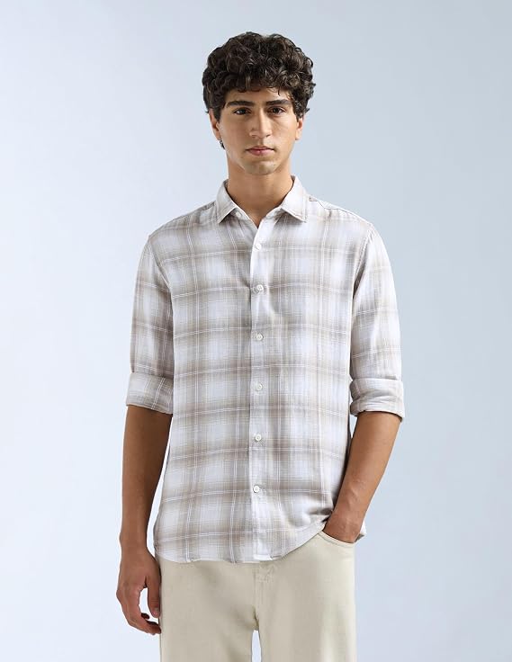 Men's Blue & White Checked Cotton Casual Shirt