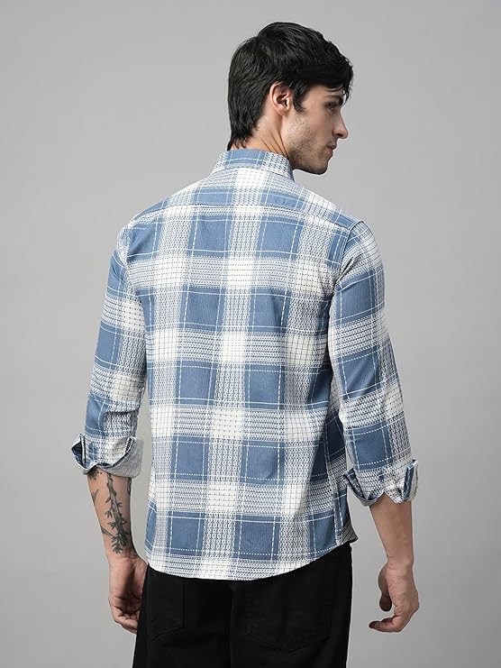Men's Blue & White Checked Cotton Casual Shirt