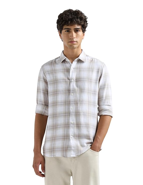 Men's Beige Checked Casual Cotton Shirt