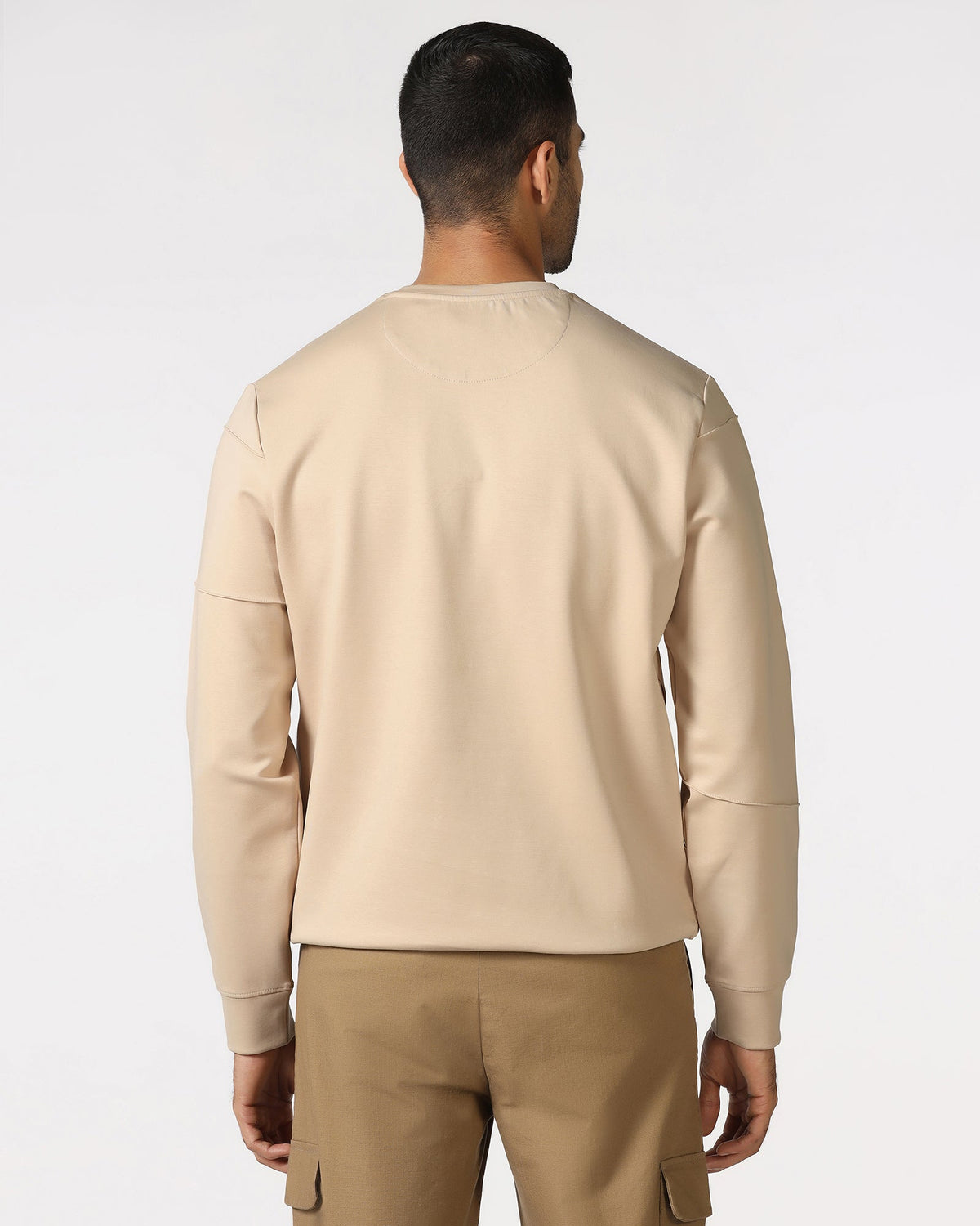 Beige Crew Neck Solid Sweatshirt - Dapper