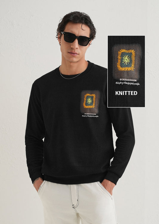 Black Waffle Knit Embroidered Pullover