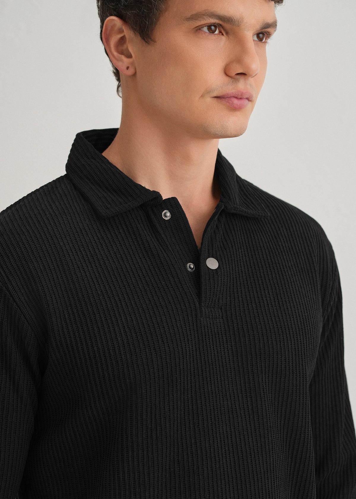 Black Waffle Knit Polo Sweatshirt