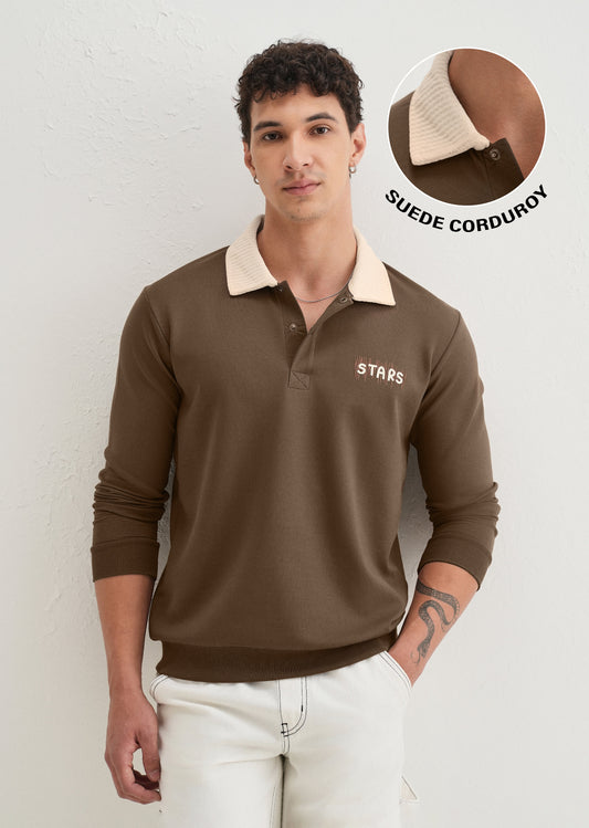 Brown Suede Collared Polo Sweatshirt