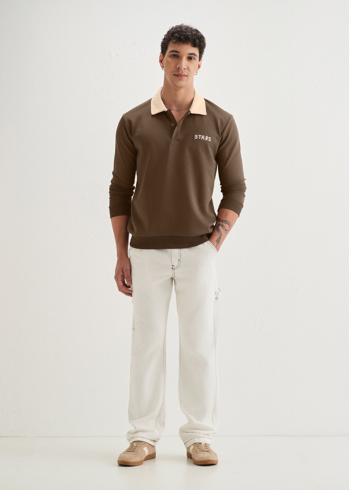 Brown Suede Collared Polo Sweatshirt