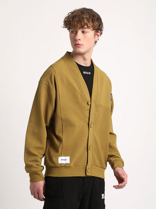 Brown Regular Fit Bomber Jacket with Ribbed Mock Neck & Waffle-Textured Sleeves