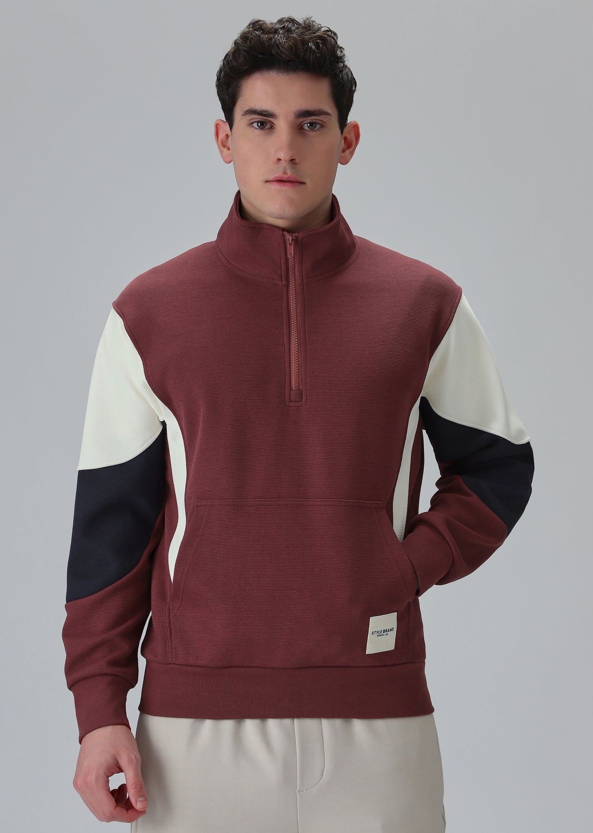 Colour Block Zip Maroon Sweatshirt