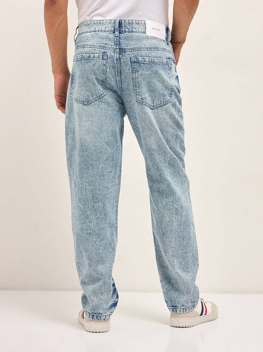 Light Blue with Light Fade Distressed Mid-Rise Straight Fit Jeans
