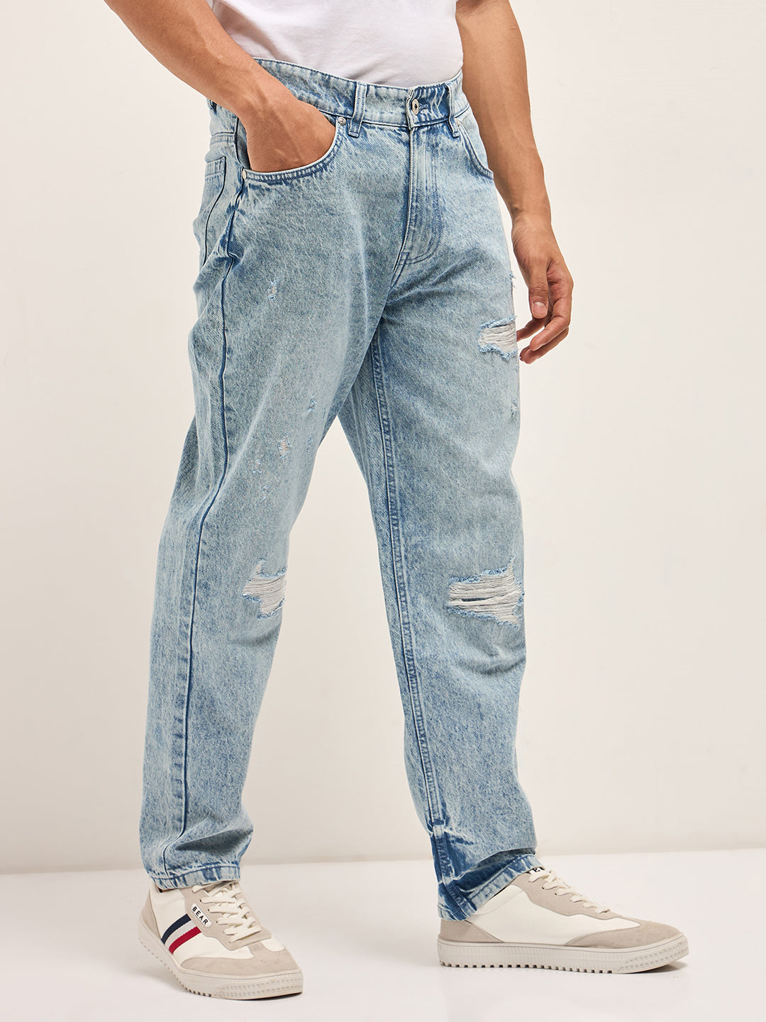 Light Blue with Light Fade Distressed Mid-Rise Straight Fit Jeans
