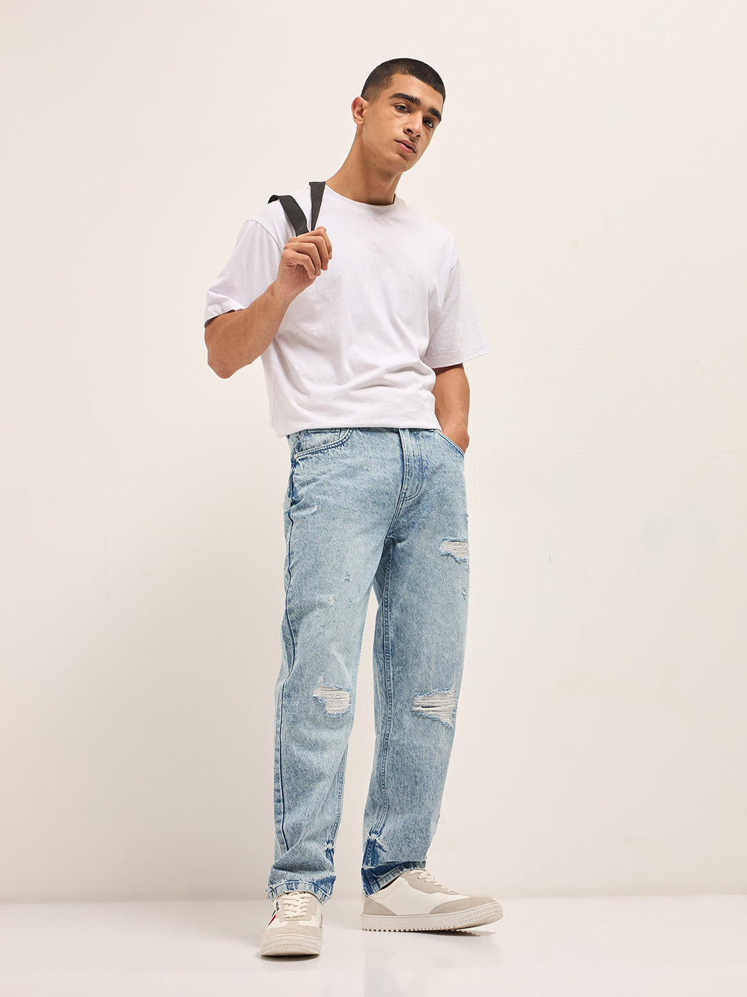 Light Blue with Light Fade Distressed Mid-Rise Straight Fit Jeans