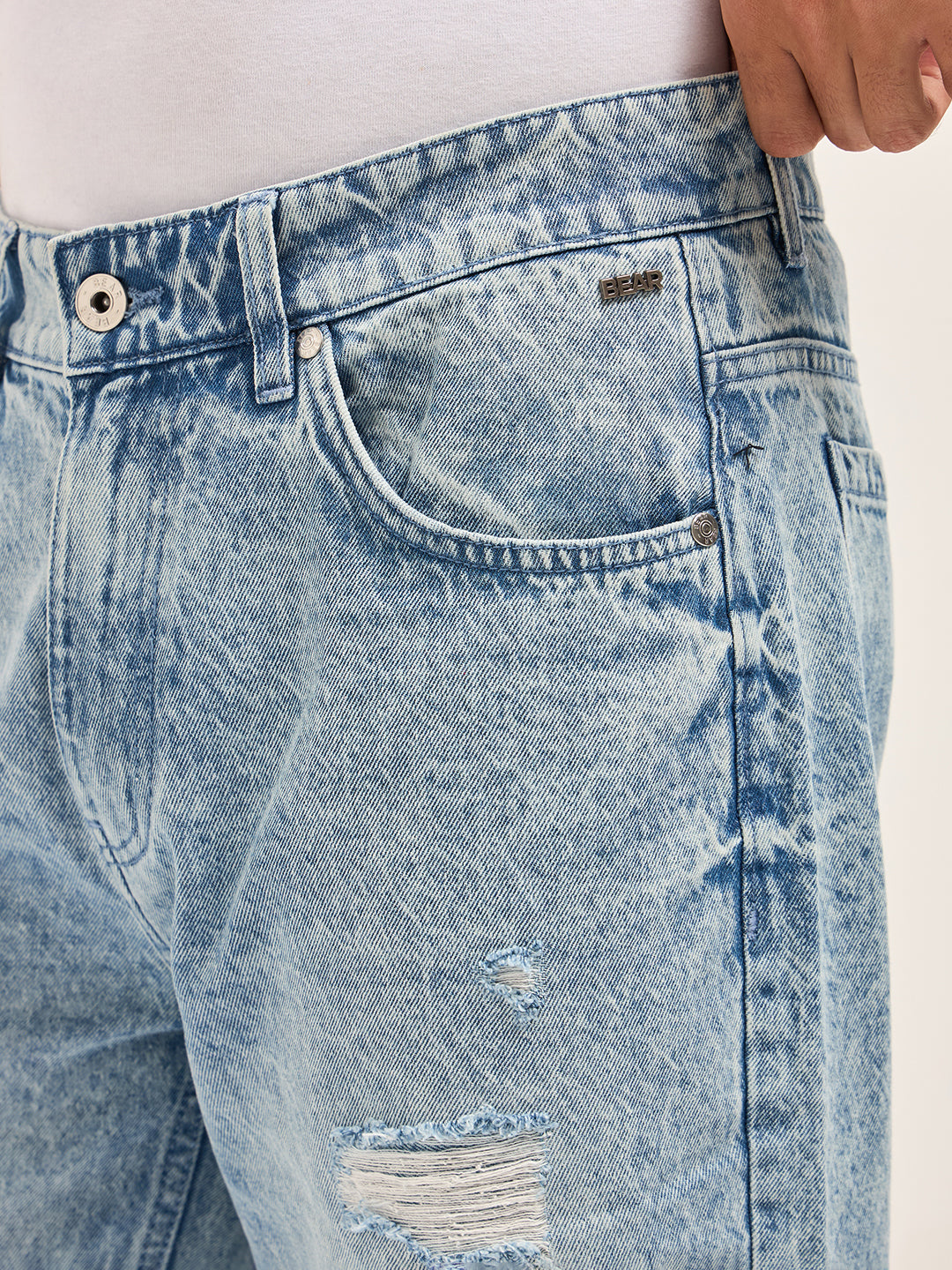 Light Blue with Light Fade Distressed Mid-Rise Straight Fit Jeans
