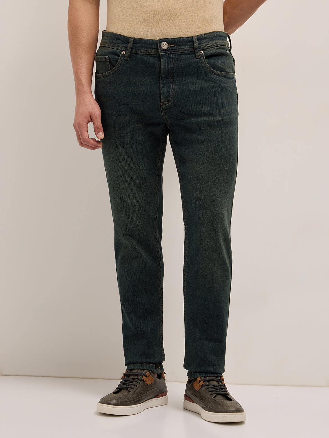 Dark Green Mid-Rise Slim Fit Jeans with Light Fade