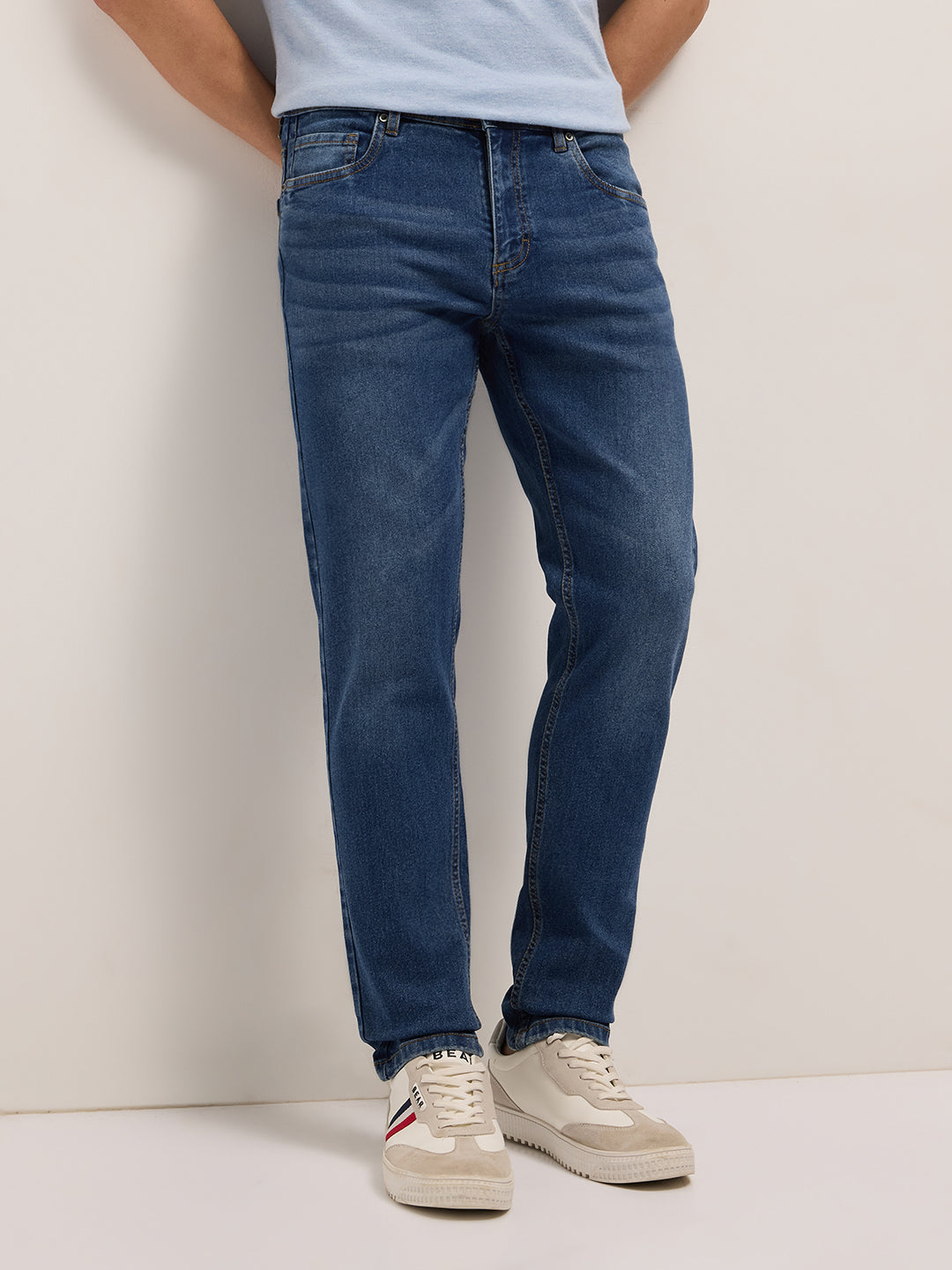 Mid Blue Mid-Rise Slim Fit Jeans with Light Fade