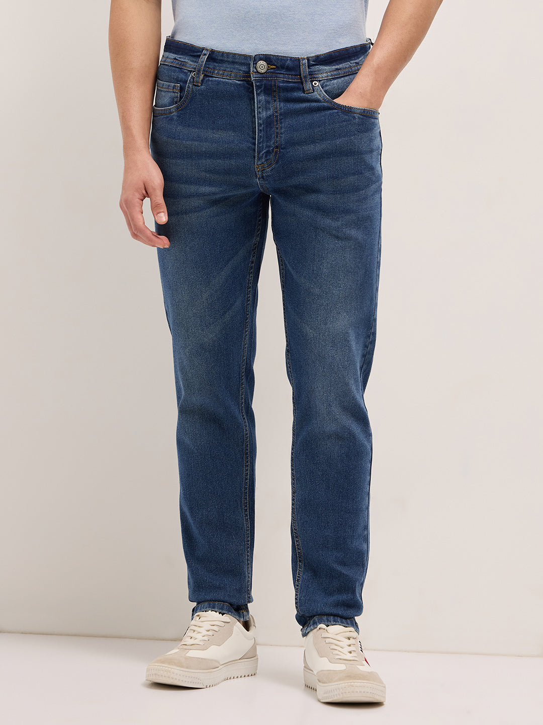 Mid Blue Mid-Rise Slim Fit Jeans with Light Fade