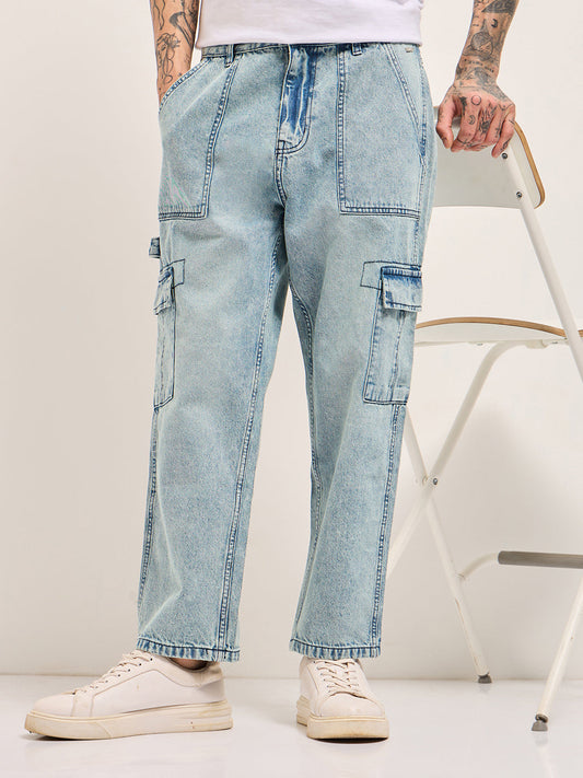 Light Blue with Mid Fade Mid-Rise Baggy Fit Cargo Jeans