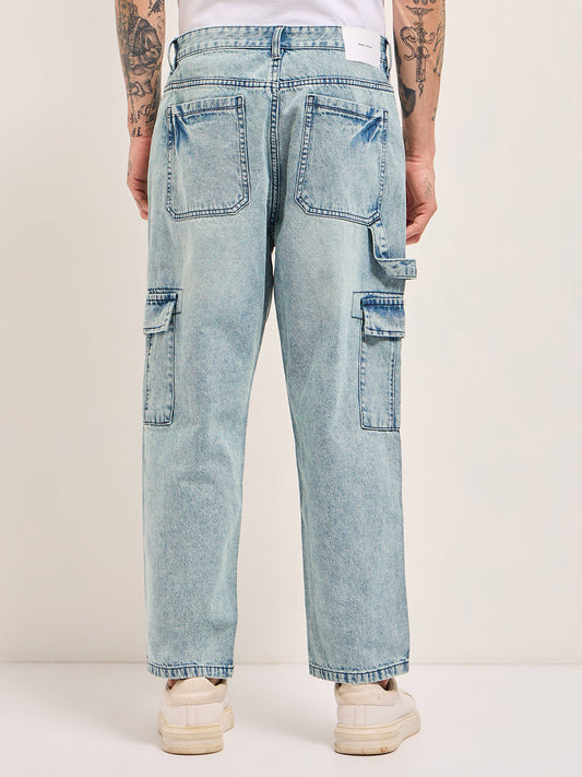 Light Blue with Mid Fade Mid-Rise Baggy Fit Cargo Jeans