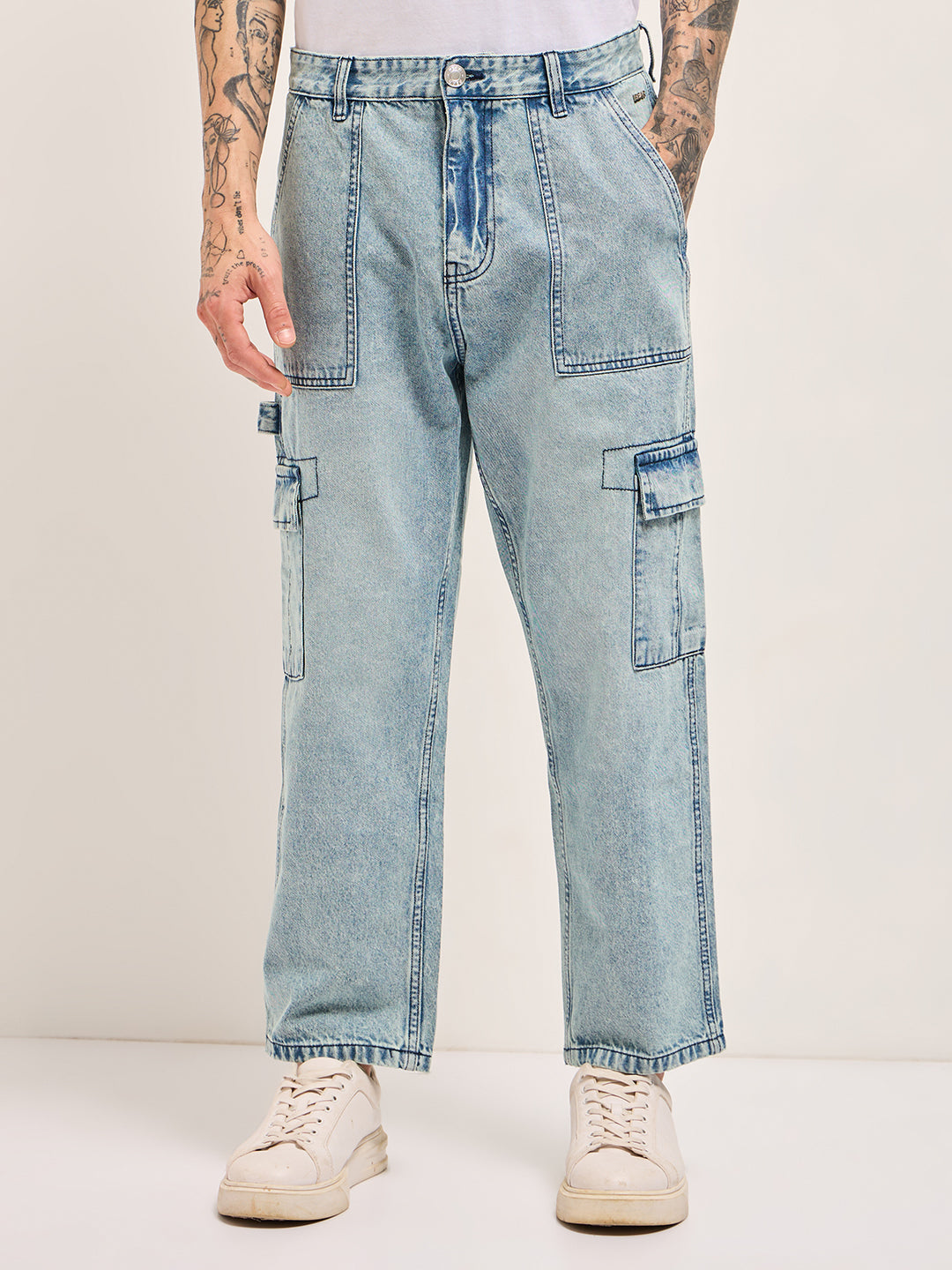 Light Blue with Mid Fade Mid-Rise Baggy Fit Cargo Jeans
