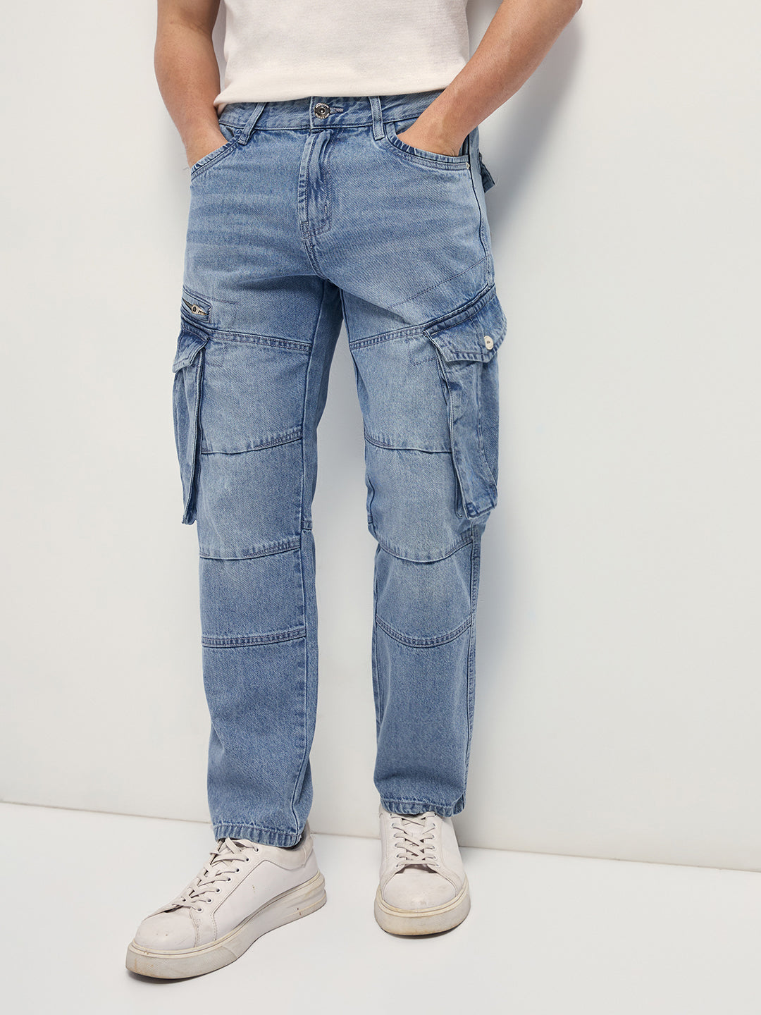 Light Blue Mid-Rise Straight Fit Cargo Jeans with Utility Pockets