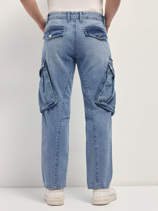 Light Blue Mid-Rise Straight Fit Cargo Jeans with Utility Pockets
