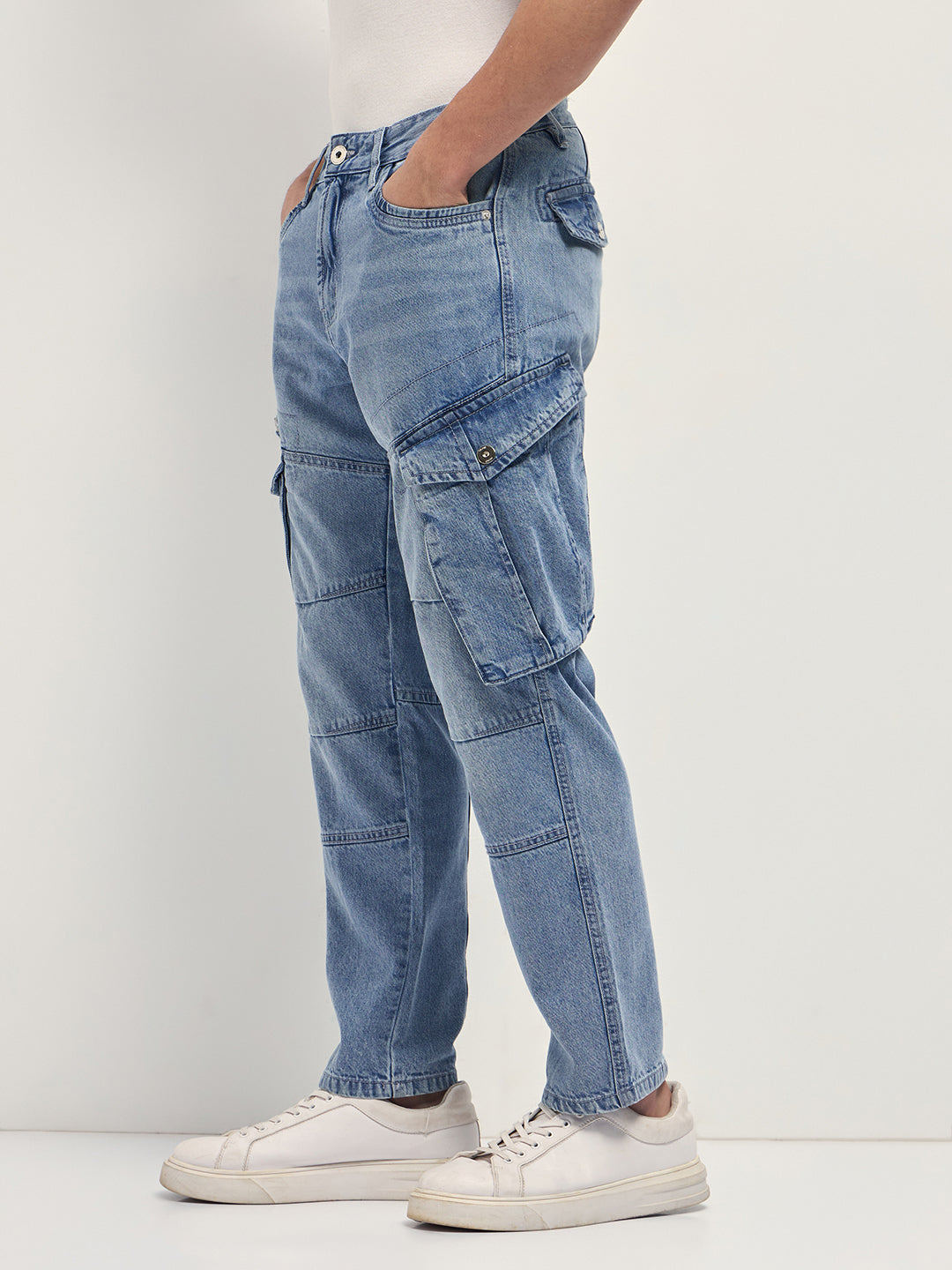 Light Blue Mid-Rise Straight Fit Cargo Jeans with Utility Pockets