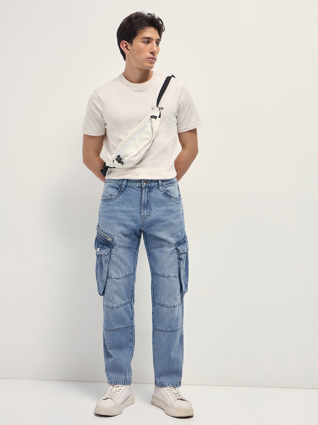 Light Blue Mid-Rise Straight Fit Cargo Jeans with Utility Pockets