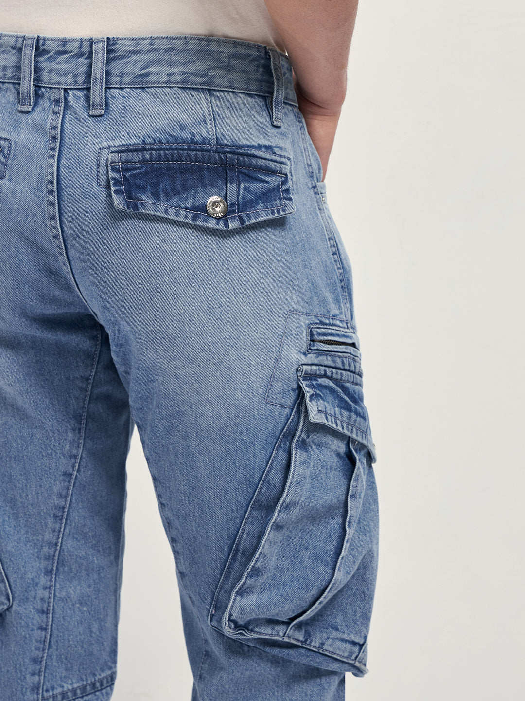 Light Blue Mid-Rise Straight Fit Cargo Jeans with Utility Pockets