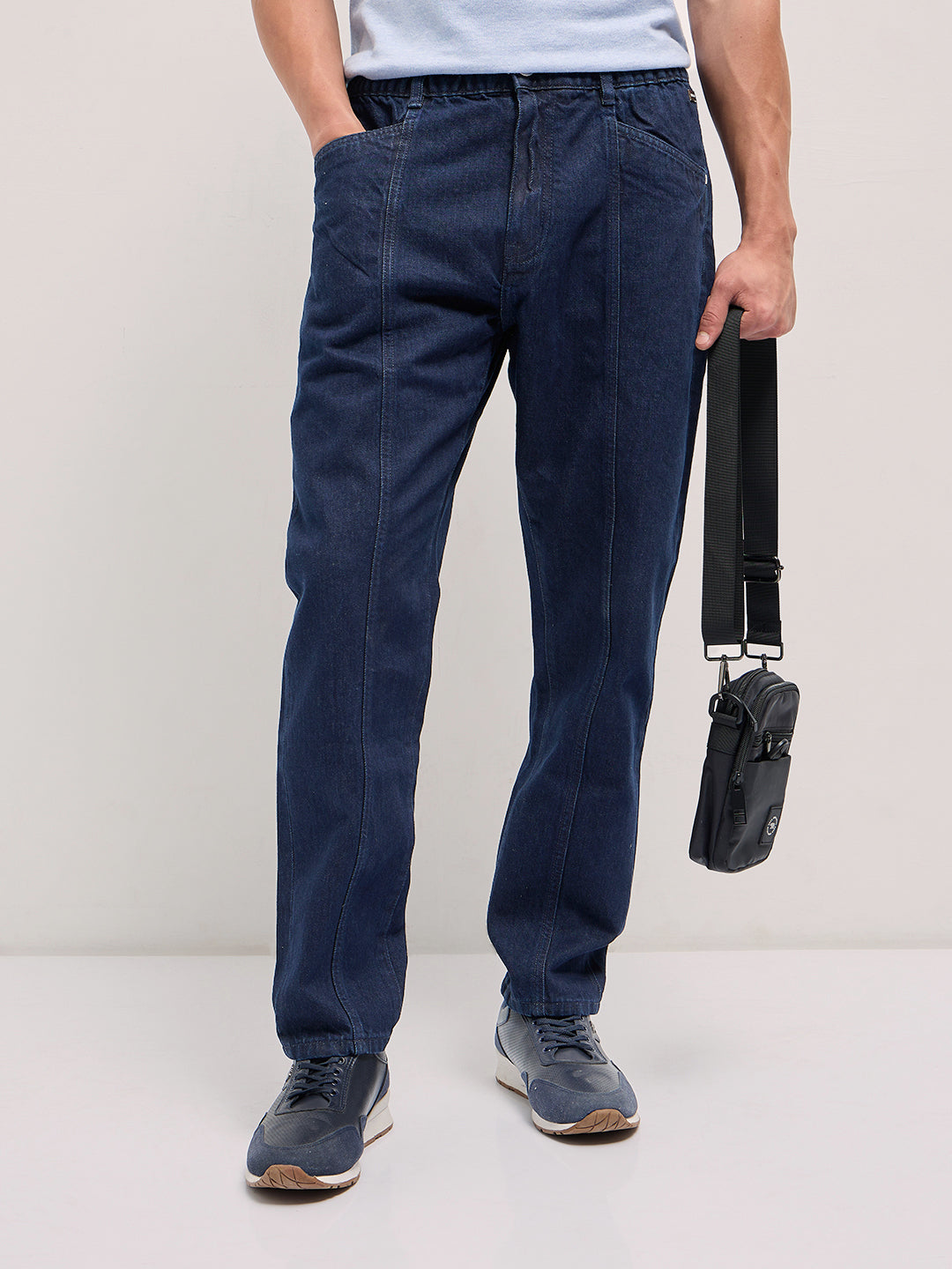 Dark Blue Mid-Rise Elasticated Waist Relaxed Fit Jeans