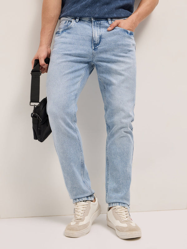 Light Blue Mid-Rise Slim Fit Jeans with Light Fade