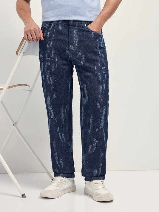 Blue Straight Fit Jeans with Bleached Effect
