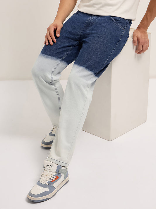 Mid Blue Mid-Rise Straight Fit Jeans with Heavy Gradient Fade