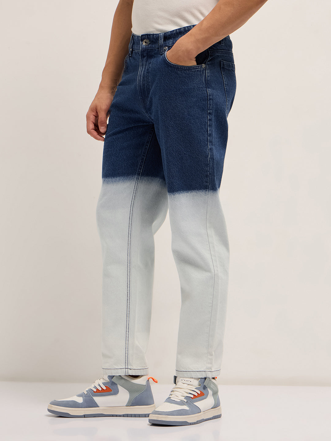 Mid Blue Mid-Rise Straight Fit Jeans with Heavy Gradient Fade