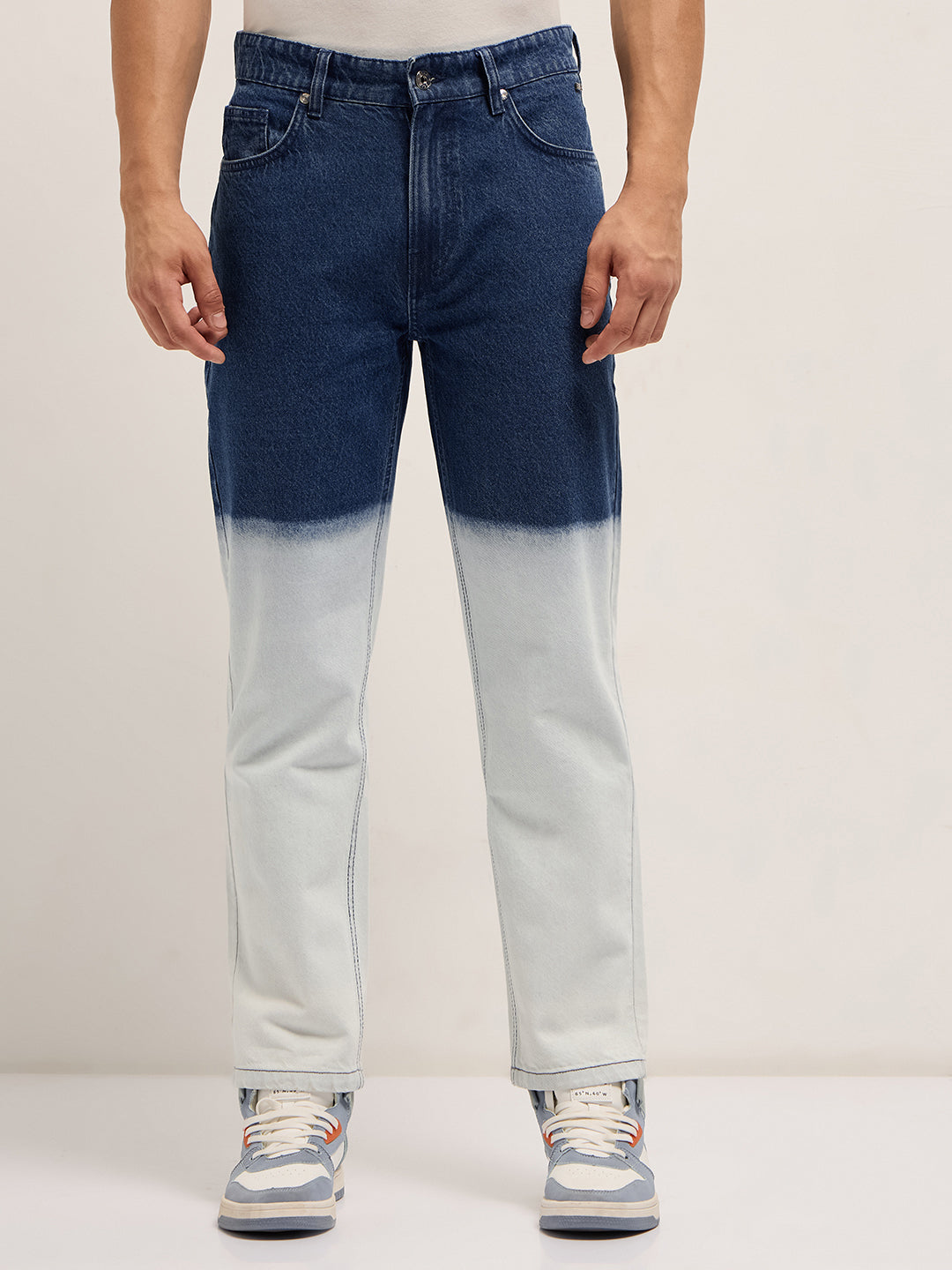 Mid Blue Mid-Rise Straight Fit Jeans with Heavy Gradient Fade