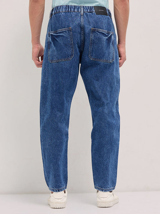 Mid Blue Mid-Rise Elasticated Waist Relaxed Fit Jeans