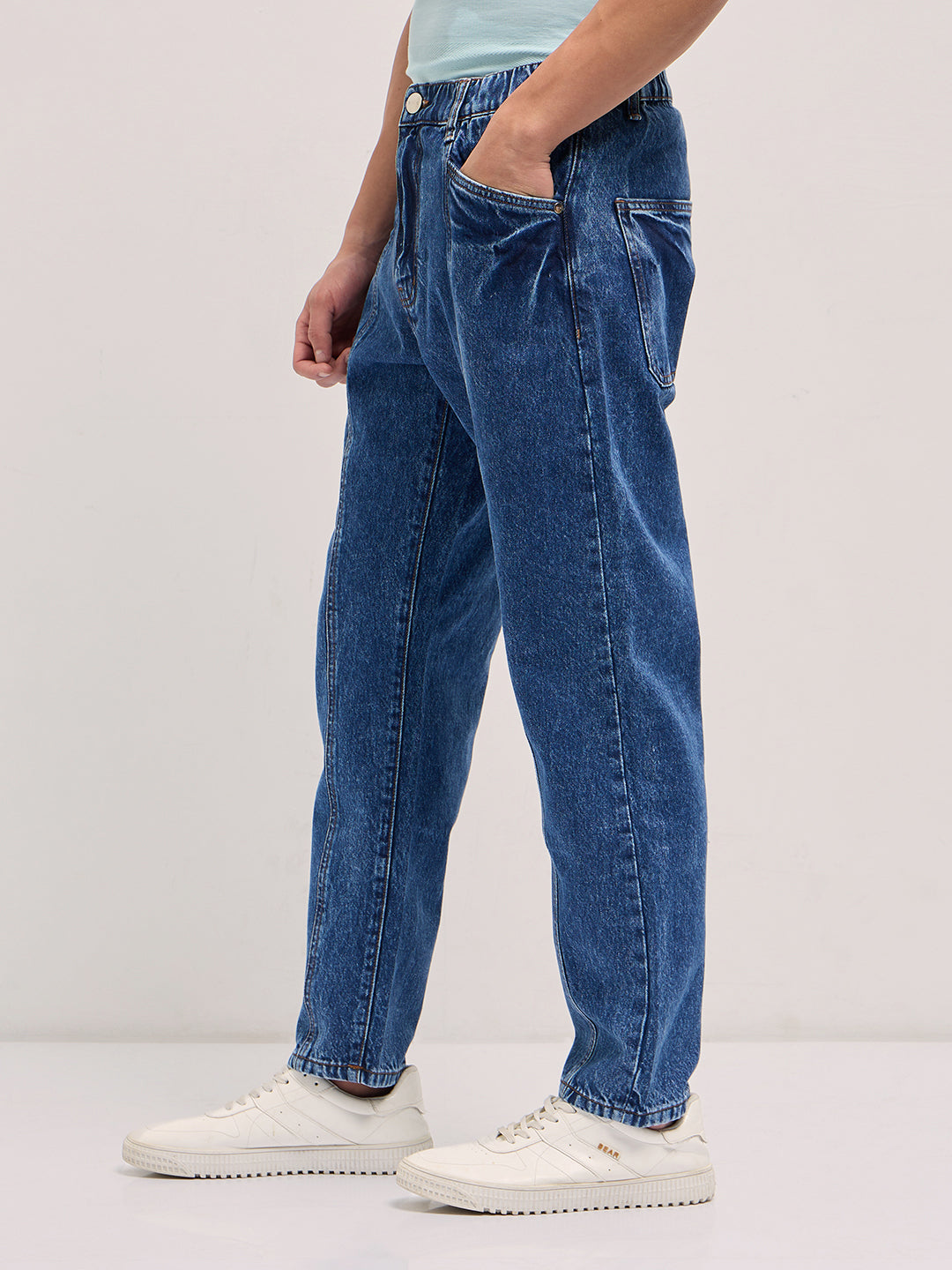 Mid Blue Mid-Rise Elasticated Waist Relaxed Fit Jeans