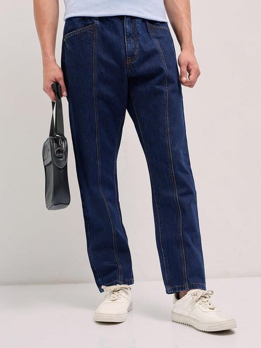 Dark Blue Mid-Rise Elasticated Waist Relaxed Fit Jeans