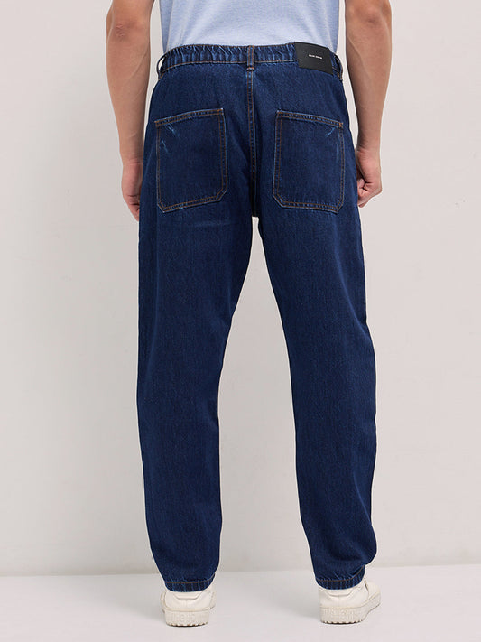 Dark Blue Mid-Rise Elasticated Waist Relaxed Fit Jeans