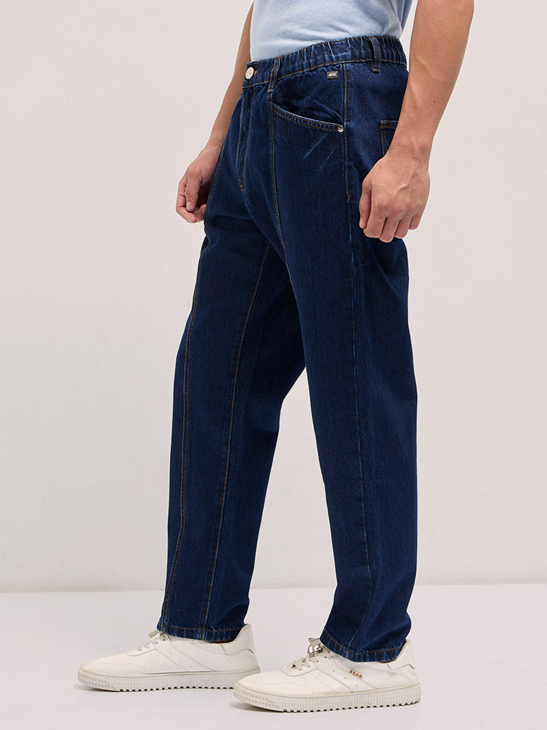 Dark Blue Mid-Rise Elasticated Waist Relaxed Fit Jeans