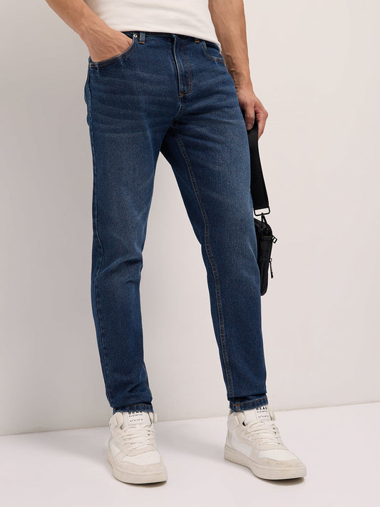 Mid Blue Mid-Rise Slim Fit Jeans with Light Fade