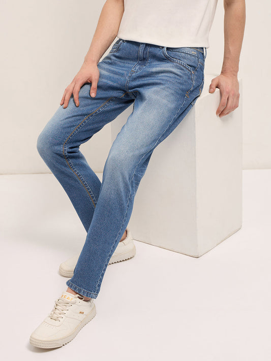 Mid Blue Mid-Rise Slim Fit Jeans with Mid Fade