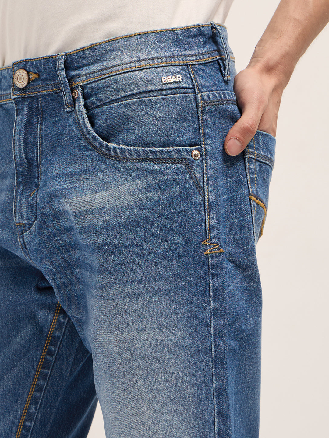 Mid Blue Mid-Rise Slim Fit Jeans with Mid Fade