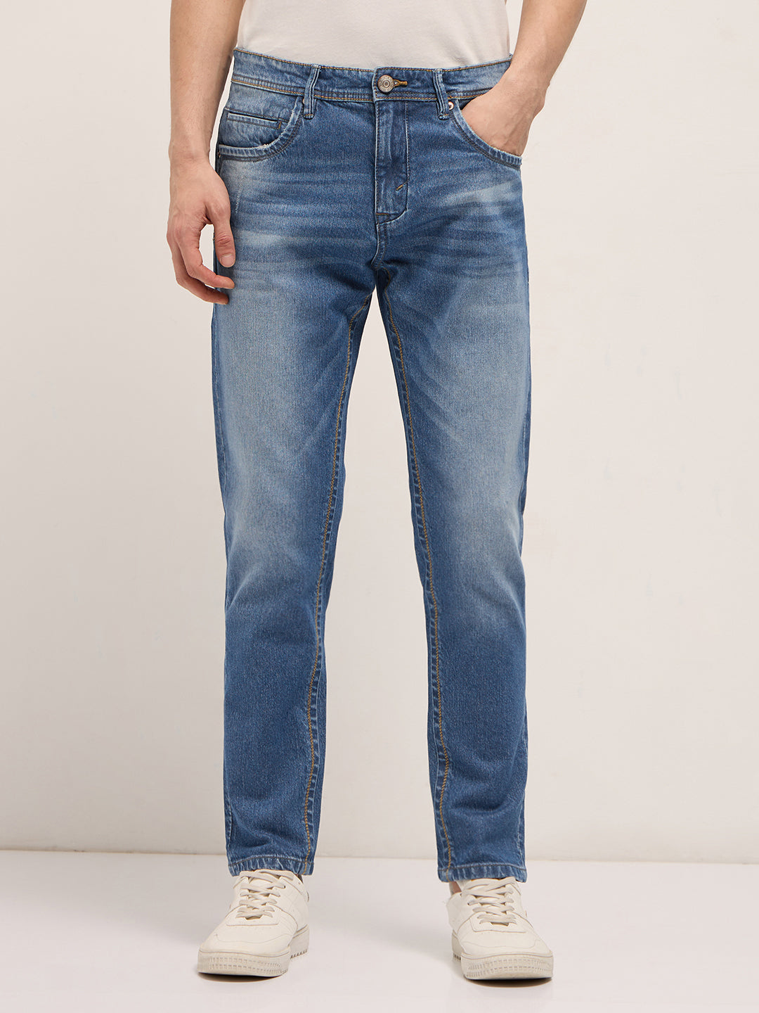 Mid Blue Mid-Rise Slim Fit Jeans with Mid Fade