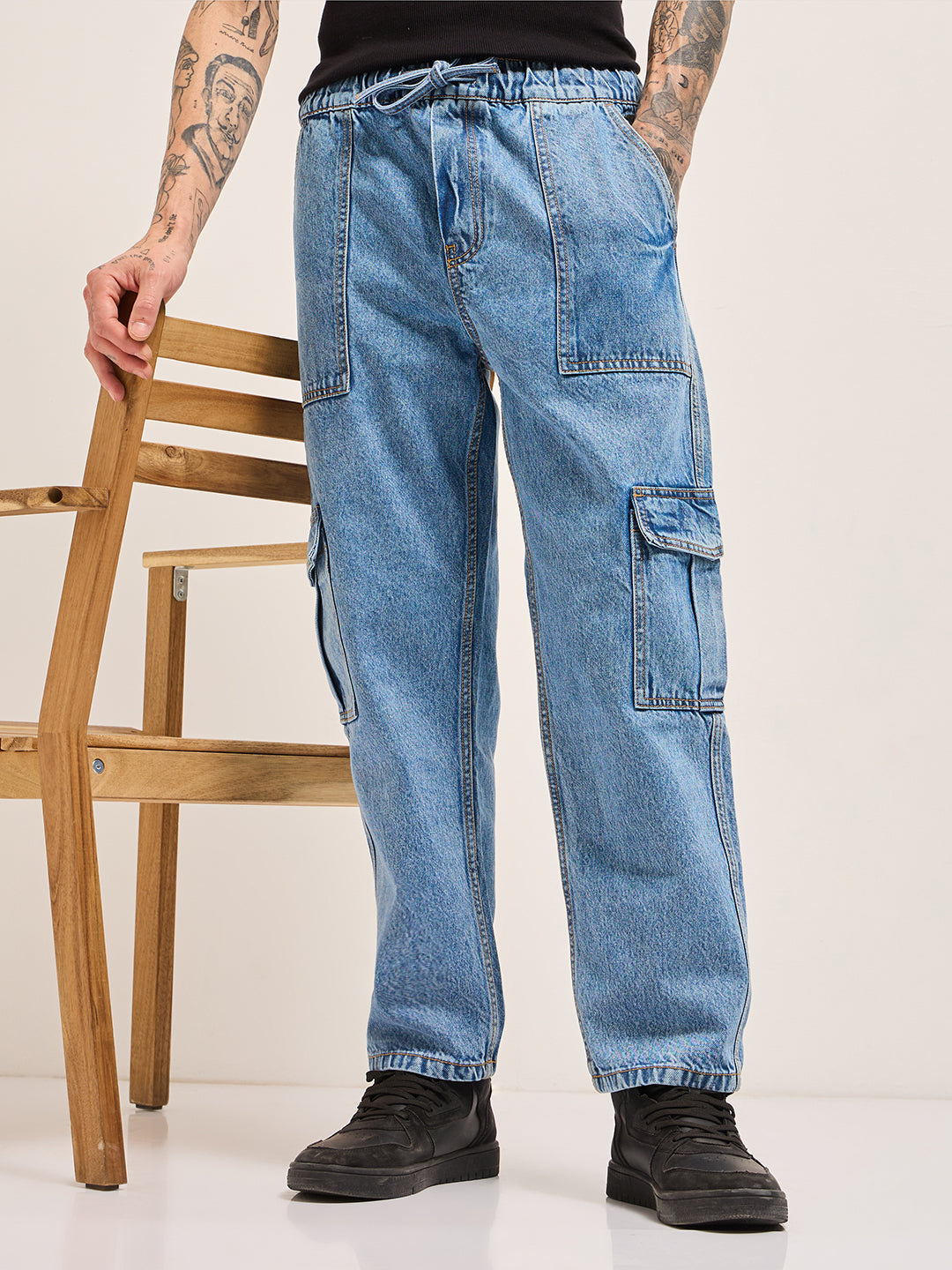 Blue with Mid Fade Mid-Rise Elasticated Waist Baggy Fit Cargo Jeans