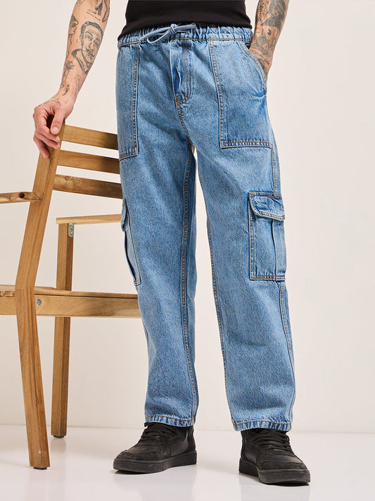 Blue with Mid Fade Mid-Rise Elasticated Waist Baggy Fit Cargo Jeans