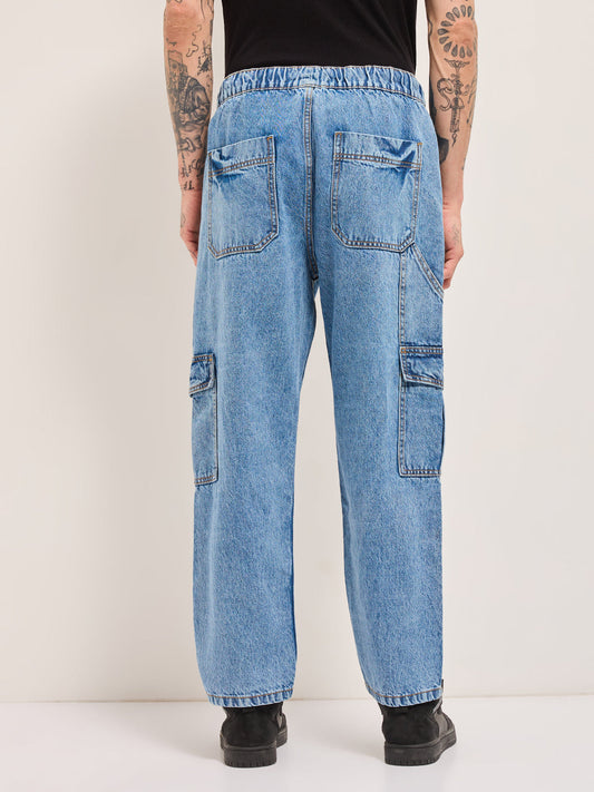 Blue with Mid Fade Mid-Rise Elasticated Waist Baggy Fit Cargo Jeans